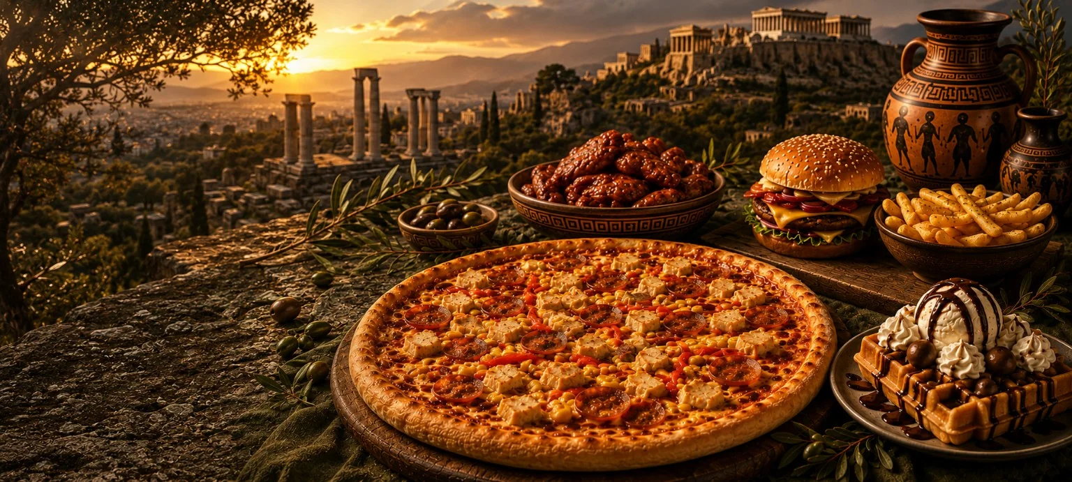 Banquete referencial con pizza, hamburguesa, alitas y waffle de Pizza Grecia