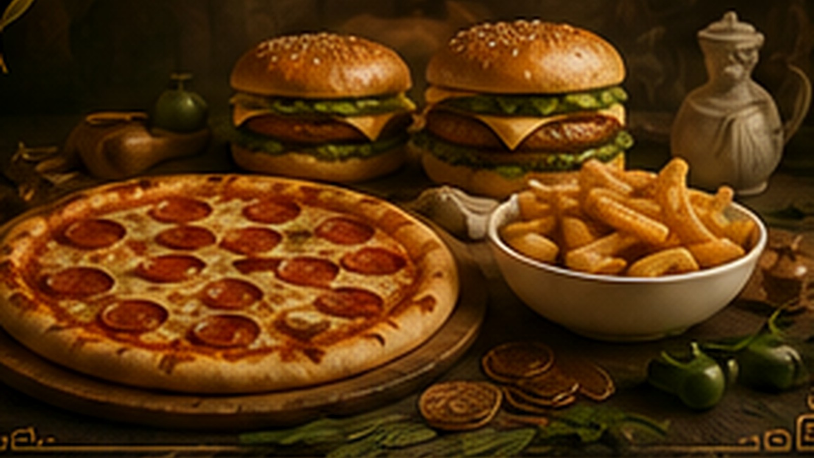 Pizza de dos ingredientes, dos hamburguesas y papas de Promo Burguer de Pizza Grecia.